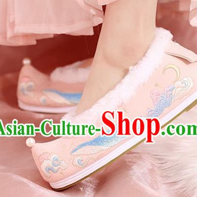China Winter Hanfu Shoes Embroidered Shoes Ming Dynasty Princess Shoes National Pink Cloth Shoes
