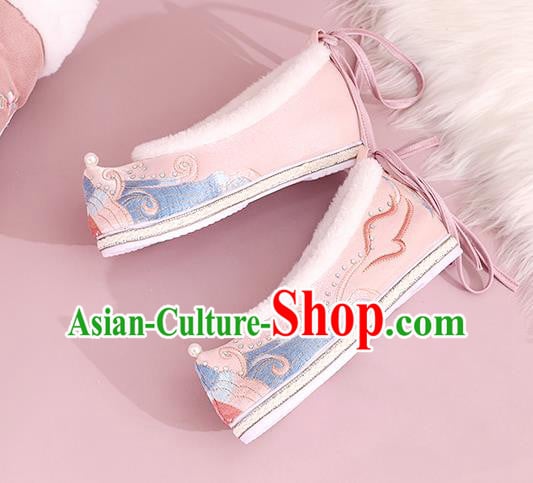 China Winter Hanfu Shoes Embroidered Shoes Ming Dynasty Princess Shoes National Pink Cloth Shoes