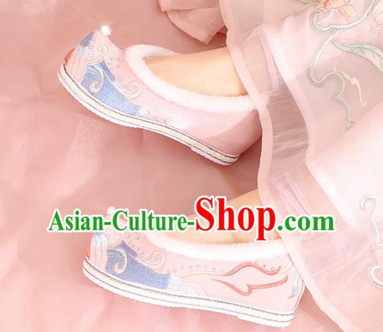 China Winter Hanfu Shoes Embroidered Shoes Ming Dynasty Princess Shoes National Pink Cloth Shoes