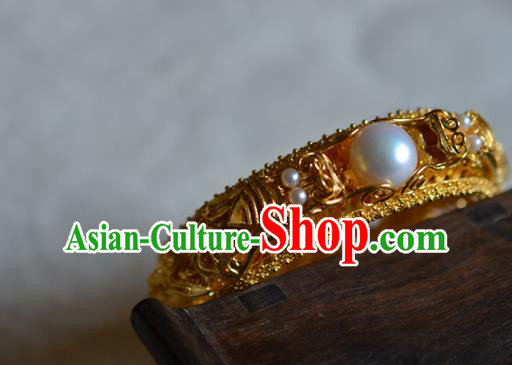 China National Filigree Golden Bracelet Jewelry Traditional Handmade Qing Dynasty Pearls Bangle Accessories China National Filigree Golden Bracelet Jewelry Traditional Handmade Qing Dynasty Pearls Bangle Accessories