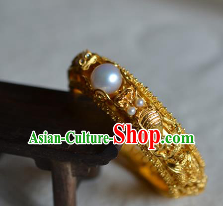 China National Filigree Golden Bracelet Jewelry Traditional Handmade Qing Dynasty Pearls Bangle Accessories China National Filigree Golden Bracelet Jewelry Traditional Handmade Qing Dynasty Pearls Bangle Accessories