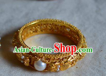 China National Filigree Golden Bracelet Jewelry Traditional Handmade Qing Dynasty Pearls Bangle Accessories China National Filigree Golden Bracelet Jewelry Traditional Handmade Qing Dynasty Pearls Bangle Accessories