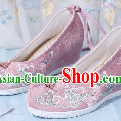 China National Wedge Heel Shoes Traditional Pink Cloth Shoes Embroidered Shoes