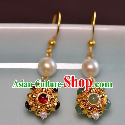Chinese Ancient Princess Gems Ear Jewelry Traditional Sui Dynasty Palace Earrings Accessories