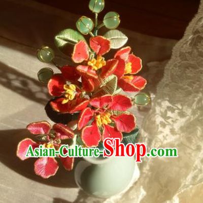Chinese Ancient Princess Red Silk Flowers Hair Stick Traditional Hanfu Green Beads Hairpin