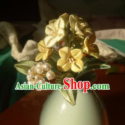 Chinese Traditional Hanfu Yellow Silk Rape Flower Hairpin Ancient Princess Pearls Hair Stick