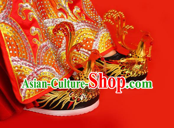 China Traditional Wedding Embroidered Shoes Handmade Bride Black Satin Shoes Golden Phoenix Shoes China Traditional Wedding Embroidered Shoes Handmade Bride Black Satin Shoes Golden Phoenix Shoes