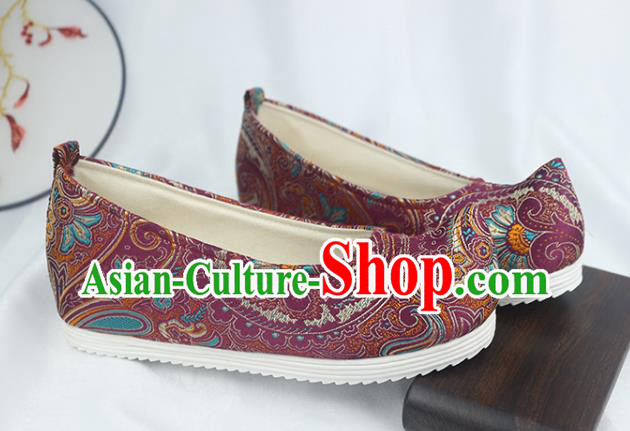 China Traditional Hanfu Bow Shoes Handmade National Purple Brocade Shoes China Traditional Hanfu Bow Shoes Handmade National Purple Brocade Shoes