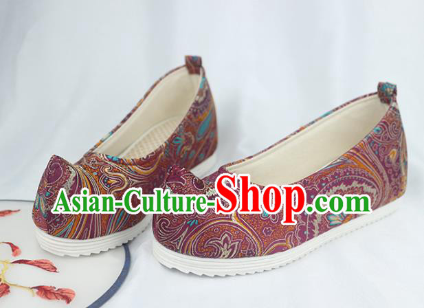 China Traditional Hanfu Bow Shoes Handmade National Purple Brocade Shoes China Traditional Hanfu Bow Shoes Handmade National Purple Brocade Shoes