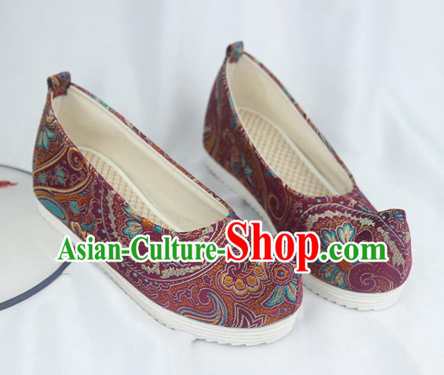 China Traditional Hanfu Bow Shoes Handmade National Purple Brocade Shoes China Traditional Hanfu Bow Shoes Handmade National Purple Brocade Shoes