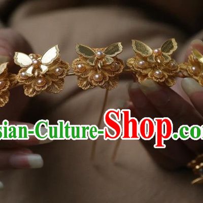 Chinese Traditional Court Pearls Hairpin Hanfu Hair Accessories Ancient Ming Dynasty Empress Golden Butterfly Hair Crown