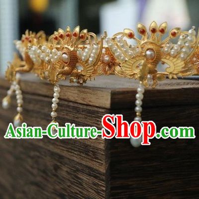Chinese Traditional Pearls Tassel Hairpin Hanfu Hair Accessories Ancient Ming Dynasty Empress Golden Phoenix Hair Crown