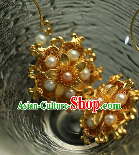 Chinese Ancient Empress Golden Flower Ear Jewelry Traditional Ming Dynasty Pearls Earrings Accessories Chinese Ancient Empress Golden Flower Ear Jewelry Traditional Ming Dynasty Pearls Earrings Accessories