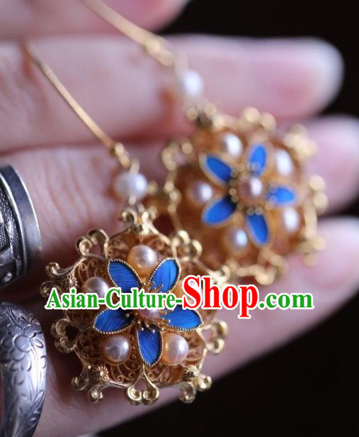 Chinese Traditional Ming Dynasty Pearls Earrings Accessories Ancient Empress Cloisonne Flower Ear Jewelry Chinese Traditional Ming Dynasty Pearls Earrings Accessories Ancient Empress Cloisonne Flower Ear Jewelry