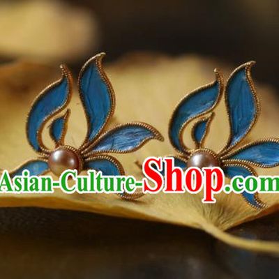 Chinese Traditional Ming Dynasty Silver Earrings Accessories Ancient Empress Cloisonne Orchid Ear Jewelry