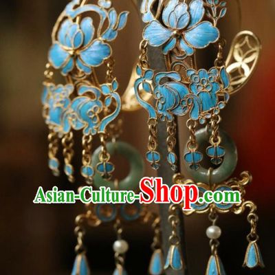 Chinese Ancient Empress Jade Ear Jewelry Traditional Qing Dynasty Cloisonne Earrings Accessories