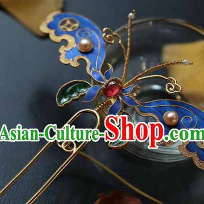 Chinese Handmade Hair Accessories Ancient Ming Dynasty Empress Cloisonne Butterfly Hair Stick Traditional Court Jade Hairpin