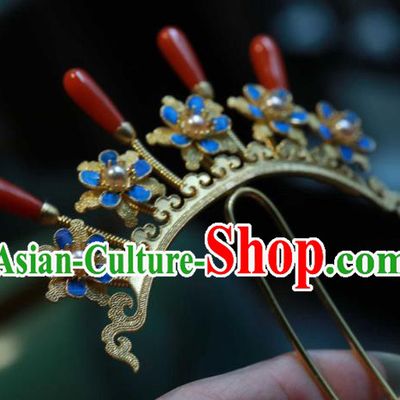 Chinese Ancient Ming Dynasty Empress Agate Pearls Hair Stick Handmade Hair Accessories Traditional Court Cloisonne Plum Blossom Hairpin