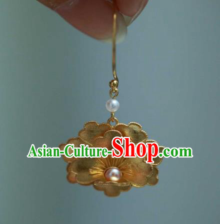 Chinese Traditional Ming Dynasty Golden Peony Earrings Accessories Ancient Empress Pearls Ear Jewelry Chinese Traditional Ming Dynasty Golden Peony Earrings Accessories Ancient Empress Pearls Ear Jewelry