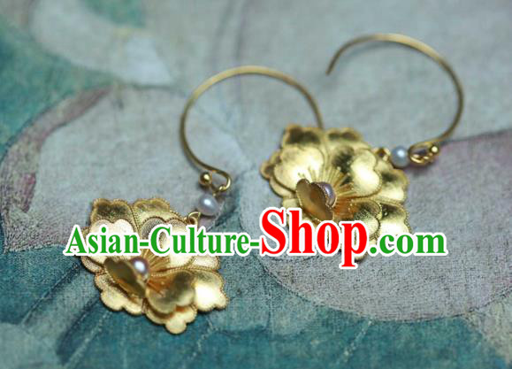 Chinese Traditional Ming Dynasty Golden Peony Earrings Accessories Ancient Empress Pearls Ear Jewelry Chinese Traditional Ming Dynasty Golden Peony Earrings Accessories Ancient Empress Pearls Ear Jewelry