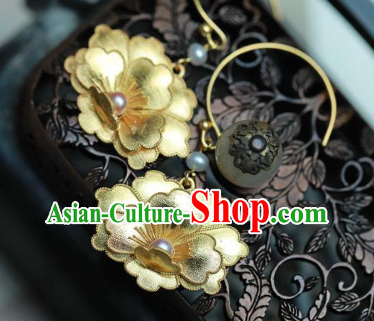 Chinese Traditional Ming Dynasty Golden Peony Earrings Accessories Ancient Empress Pearls Ear Jewelry Chinese Traditional Ming Dynasty Golden Peony Earrings Accessories Ancient Empress Pearls Ear Jewelry