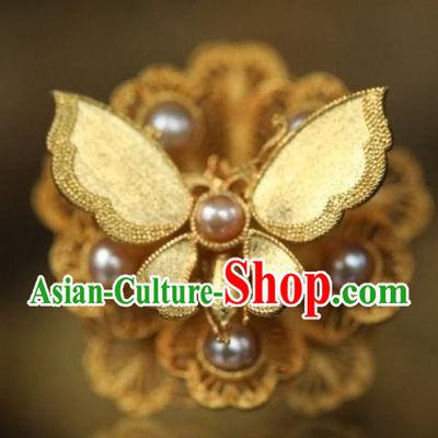 China National Golden Butterfly Ring Jewelry Traditional Handmade Qing Dynasty Pearls Circlet Accessories