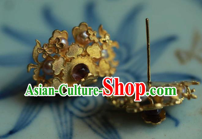 Chinese Traditional Ming Dynasty Pearls Golden Earrings Accessories Ancient Empress Tourmaline Ear Jewelry Chinese Traditional Ming Dynasty Pearls Golden Earrings Accessories Ancient Empress Tourmaline Ear Jewelry