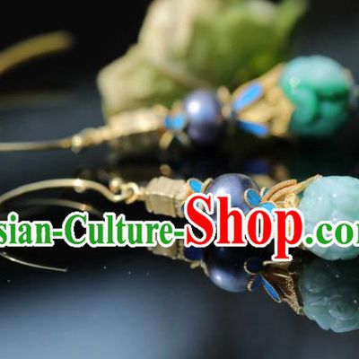 Chinese Traditional Court Jade Earrings Accessories Ancient Qing Dynasty Ear Jewelry