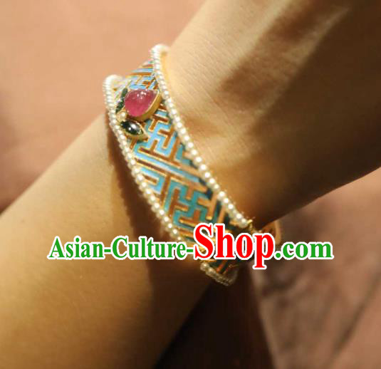 China National Tourmaline Bracelet Jewelry Traditional Cloisonne Accessories Handmade Qing Dynasty Pearls Bangle China National Tourmaline Bracelet Jewelry Traditional Cloisonne Accessories Handmade Qing Dynasty Pearls Bangle