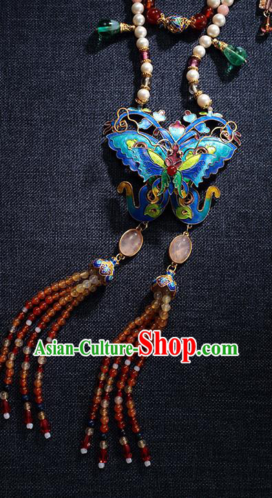 China Traditional Blueing Butterfly Necklace Jewelry Accessories Ming Dynasty Beads Tassel Necklet Pendant China Traditional Blueing Butterfly Necklace Jewelry Accessories Ming Dynasty Beads Tassel Necklet Pendant