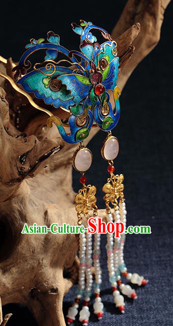 Chinese Ancient Empress Pearls Tassel Hairpin Traditional Qing Dynasty Blueing Butterfly Hair Stick Chinese Ancient Empress Pearls Tassel Hairpin Traditional Qing Dynasty Blueing Butterfly Hair Stick