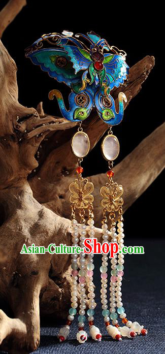 Chinese Ancient Empress Pearls Tassel Hairpin Traditional Qing Dynasty Blueing Butterfly Hair Stick Chinese Ancient Empress Pearls Tassel Hairpin Traditional Qing Dynasty Blueing Butterfly Hair Stick