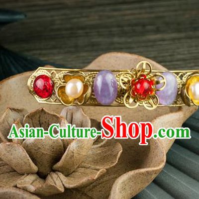 Chinese Ancient Court Woman Gems Hair Stick Traditional Ming Dynasty Empress Golden Hairpin