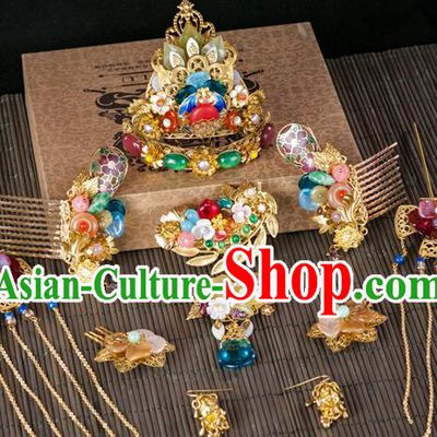Chinese Ancient Court Empress Hair Accessories Traditional Ming Dynasty Jade Hair Crown and Hairpins Complete Set