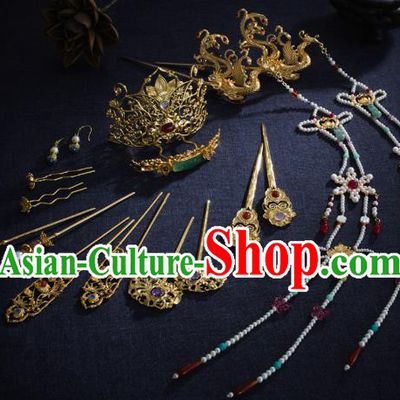 Chinese Ancient Wedding Hair Accessories Traditional Ming Dynasty Empress Hair Crown and Golden Phoenix Tassel Hairpin
