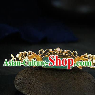Chinese Ancient Empress Jade Carving Lotus Hairpin Traditional Ming Dynasty Golden Pearls Hair Stick