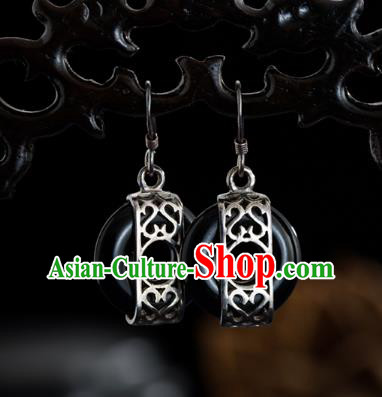 Chinese Traditional Silver Earrings Accessories National Cheongsam Dark Jade Ear Jewelry Chinese Traditional Silver Earrings Accessories National Cheongsam Dark Jade Ear Jewelry