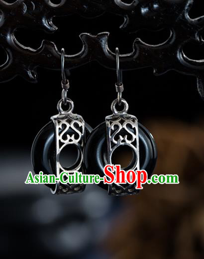 Chinese Traditional Silver Earrings Accessories National Cheongsam Dark Jade Ear Jewelry Chinese Traditional Silver Earrings Accessories National Cheongsam Dark Jade Ear Jewelry