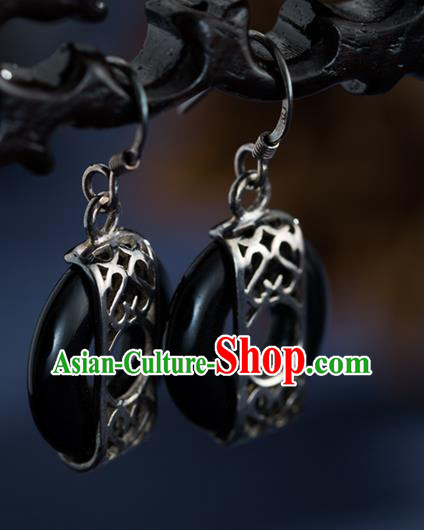 Chinese Traditional Silver Earrings Accessories National Cheongsam Dark Jade Ear Jewelry Chinese Traditional Silver Earrings Accessories National Cheongsam Dark Jade Ear Jewelry