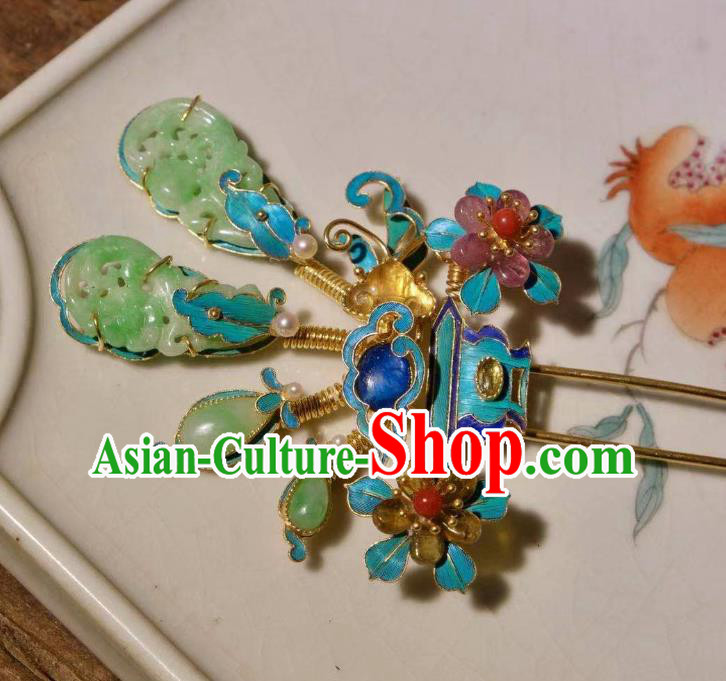 Chinese Ancient Court Empress Cloisonne Hairpin Traditional Qing Dynasty Imperial Concubine Jade Hair Stick Chinese Ancient Court Empress Cloisonne Hairpin Traditional Qing Dynasty Imperial Concubine Jade Hair Stick