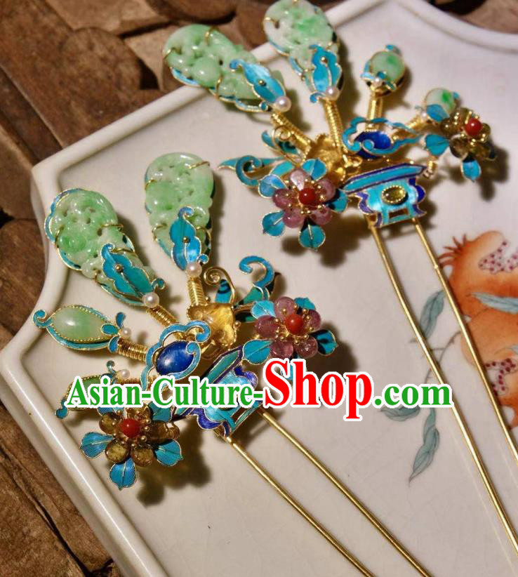 Chinese Ancient Court Empress Cloisonne Hairpin Traditional Qing Dynasty Imperial Concubine Jade Hair Stick Chinese Ancient Court Empress Cloisonne Hairpin Traditional Qing Dynasty Imperial Concubine Jade Hair Stick