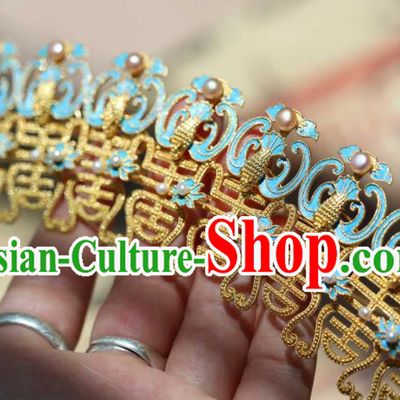 Chinese Ancient Empress Cloisonne Phoenix Hair Crown Handmade Hair Accessories Traditional Ming Dynasty Pearls Hairpin