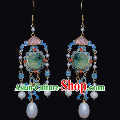 Chinese Traditional Jewelry Qing Dynasty Empress Pearls Tassel Earrings Ancient Queen Jade Ear Accessories