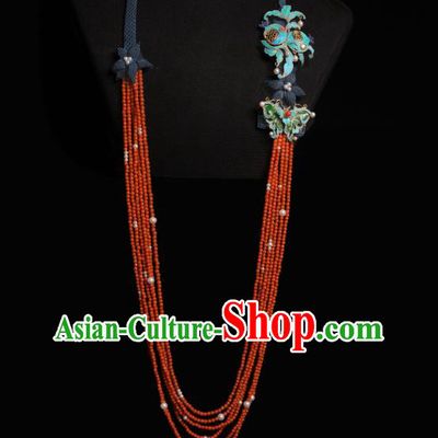 China Traditional Jade Butterfly Necklace Jewelry Accessories Qing Dynasty Red Beads Necklet Pendant