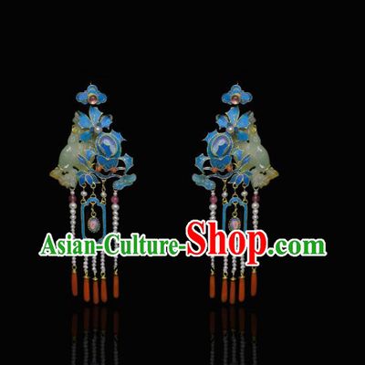 Chinese Traditional Agate Jewelry Qing Dynasty Empress Jade Earrings Ancient Queen Pearls Tassel Ear Accessories