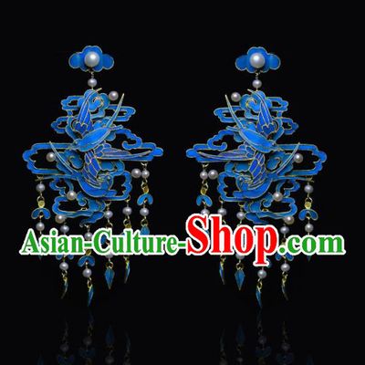 Chinese Traditional Cloisonne Jewelry Qing Dynasty Empress Pearls Tassel Earrings Ancient Queen Ear Accessories