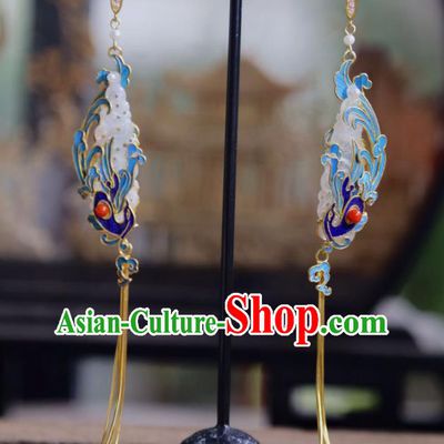 Chinese Ancient Queen Blueing Phoenix Ear Accessories Traditional Jewelry Qing Dynasty Empress Jade Earrings