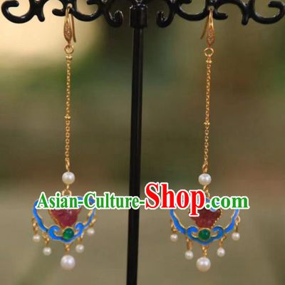 Chinese Traditional Tourmaline Jewelry Qing Dynasty Empress Blueing Earrings Ancient Queen Pearls Ear Accessories