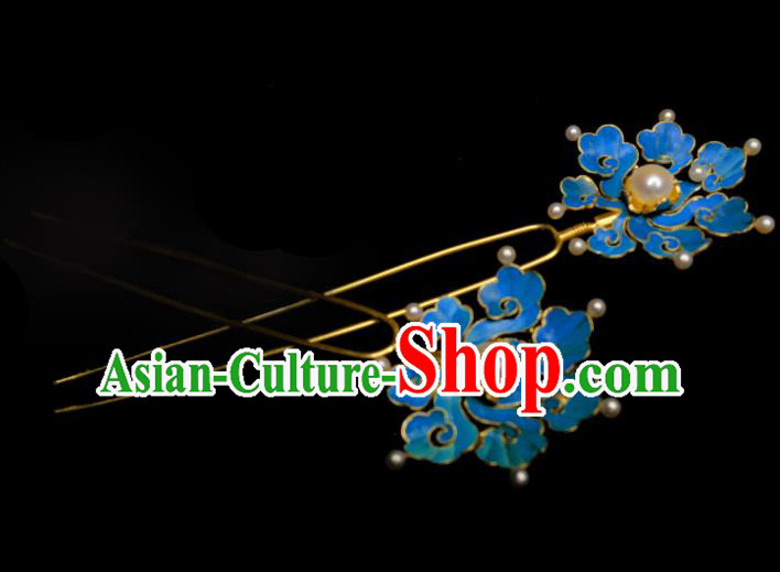 Chinese Ancient Court Queen Pearls Hair Jewelry Traditional Qing Dynasty Empress Blue Cloud Hairpin Chinese Ancient Court Queen Pearls Hair Jewelry Traditional Qing Dynasty Empress Blue Cloud Hairpin