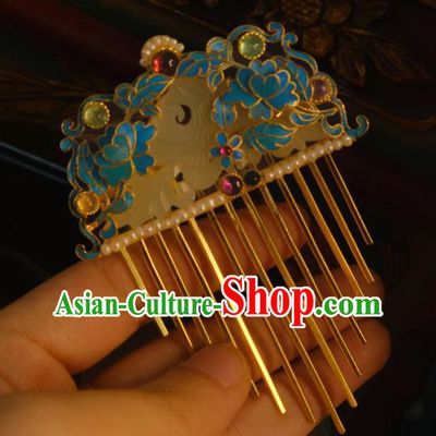 Chinese Ancient Princess Jade Hair Comb Traditional Qing Dynasty Pearls Hairpin Gems Hair Jewelry